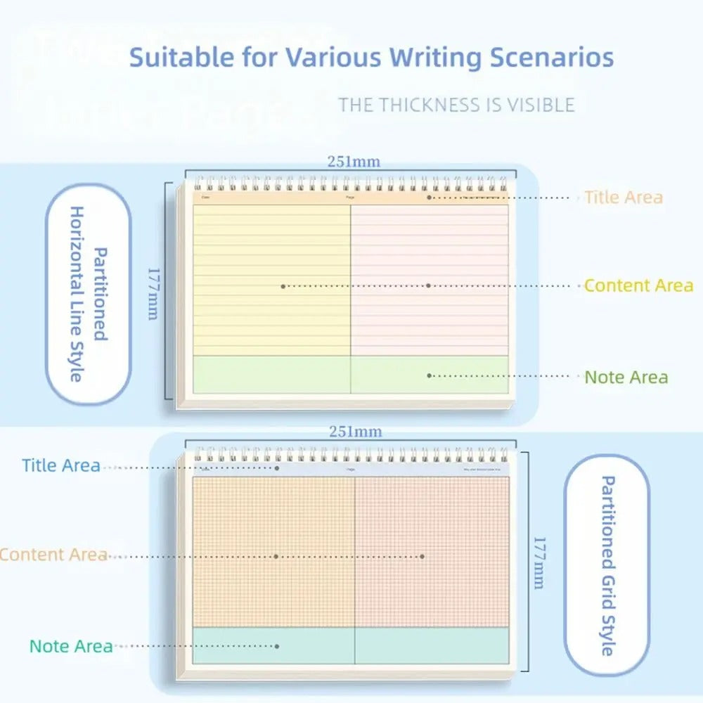 Portable Multi-functional Thicken Paper Coil Notebook Grid/Horizontal Lines Partition Design Writing Memopad B5 Notepad Students